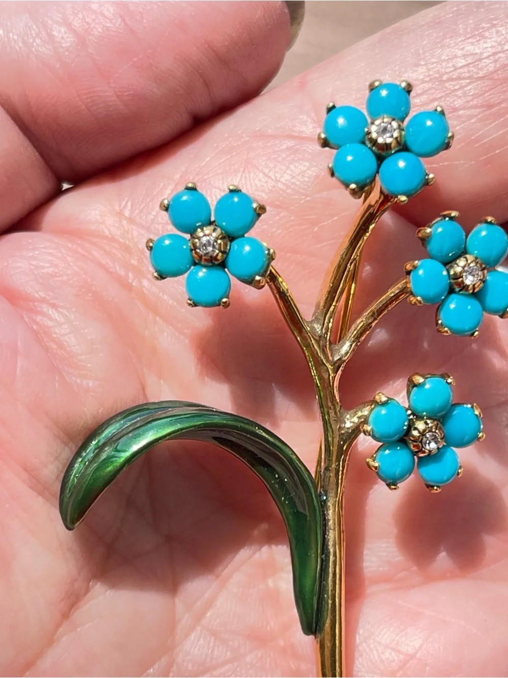 Vintage MMA Forget Me Not Brooch Faux Turquoise Enamel Rhinestone Brooch